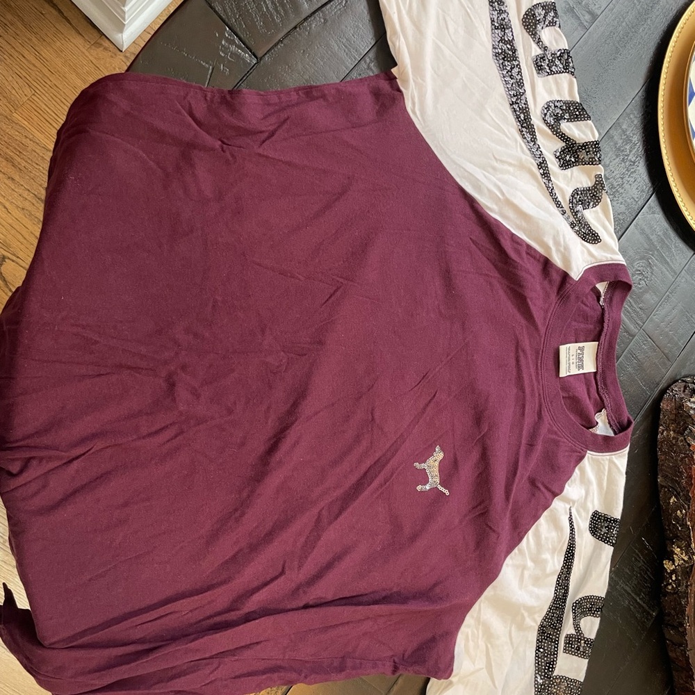 PINK Victoria's Secret Maroon and White Long Sleeve Tee